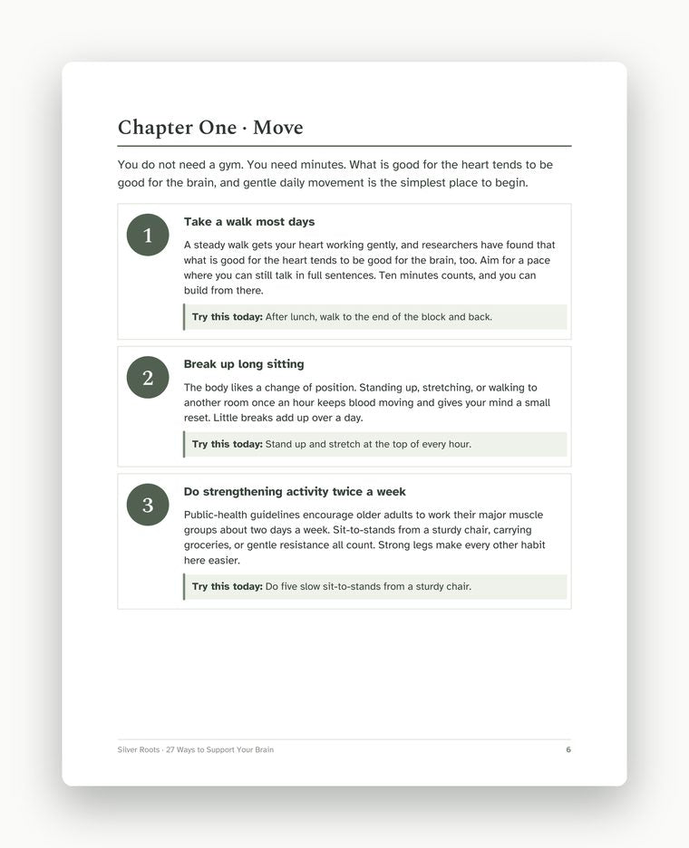 Sample page: numbered brain-healthy habits with a try-this-today step